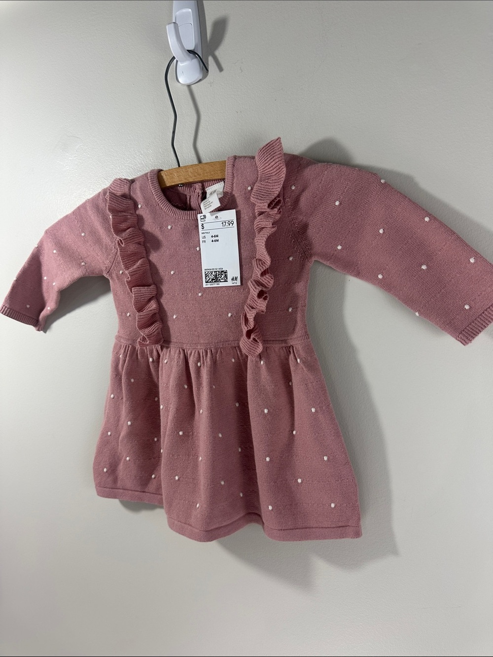 NWT H&M Dusty Rose Knit Baby polka dot Dress with Ruffle Accents 4-6 months - Picture 2 of 5